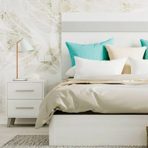 Dormitorio de matrimonio / Cabecero, mesita de noche y sinfonier en Blanco/Plata / Puzzle 27