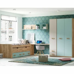 Dormitorio juvenil completo Roble/Aqua blue Start 01