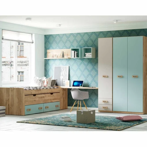 Dormitorio juvenil completo Roble/Aqua blue Start 01