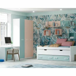 Dormitorio juvenil completo Blanco/Aqua/Rosa Start 03