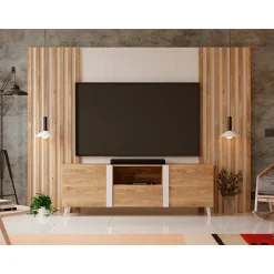 Mueble de salón Blanco/Roble con mural de pared Puzzle 34, 275 cm