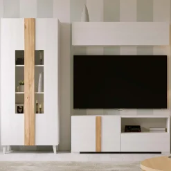 Mueble TV Blanco nieve 140 Puzzle tirador Roble, 140x50x42 cm